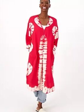 LOGO by Lori Goldstein Red Tie Dye Duster Length Longline Hook Front Kimono 1X
